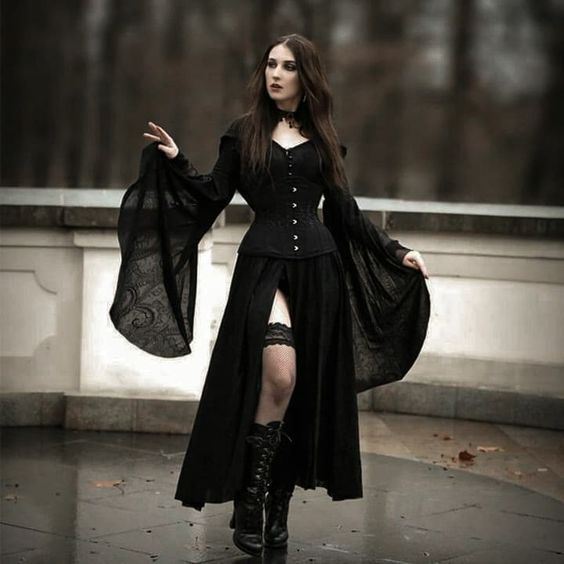 Gothic Romance Bell-Sleeve Black Gown